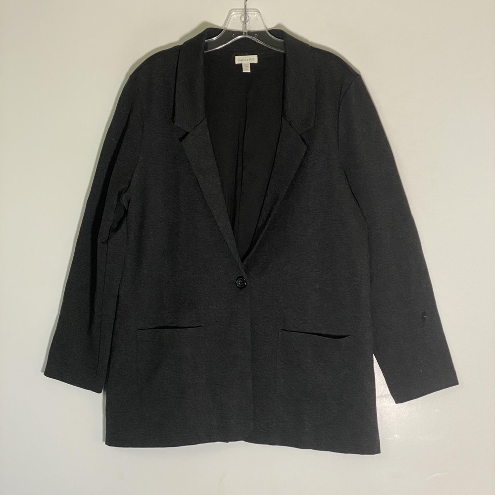 Garnet Hill Blazer Jacket Womens 14 Gray Knit Single Button Pockets Classy Boho